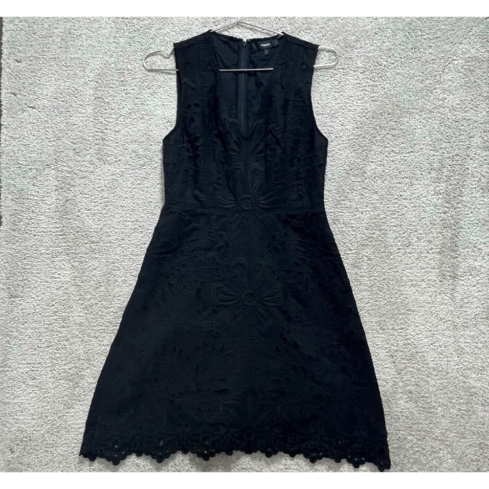 Theory Dress Women's 0 Black Jemione Lace Embroidered V-Neck Sleeveless Back Zip